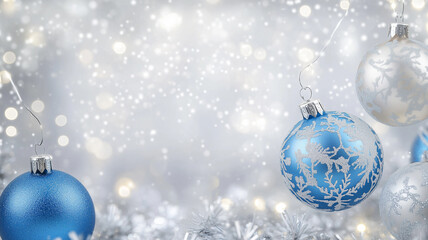 Silver background with blue Christmas ornaments and snowflakes, creating an elegant festive atmosphere. Sparkling lights for visual appeal. Perfect wallpaper or Christmas banner for holiday promotion.