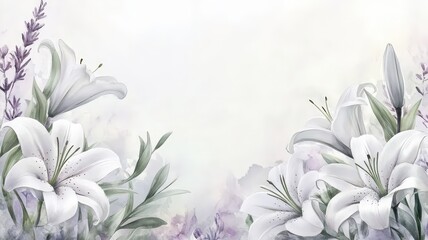 Elegant white lilies with lavender accents in a serene floral arrangement in soft pastel colors