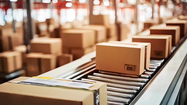 Cardboard boxes on conveyor belt in modern warehouse distribution center for shipping and logistics automation in global supply chain