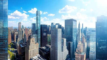 A panoramic view of a modern skyline with skyscrapers and urban architecture