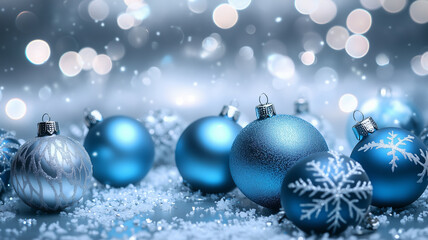 Silver background with blue Christmas ornaments and snowflakes, creating an elegant festive atmosphere. Sparkling lights for visual appeal. Perfect wallpaper or Christmas banner for holiday promotion.