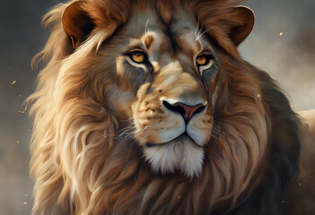 Naklejka premium Close-up portrait of a majestic lion with a detailed mane, showcasing its powerful and dangerous presence