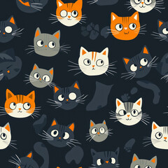 Fototapeta premium Cartoon animals seamless cats pattern, dark background.