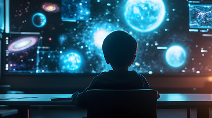 A child inside a futuristic space classroom learning about distant galaxies and black holes from a holographic teacher.