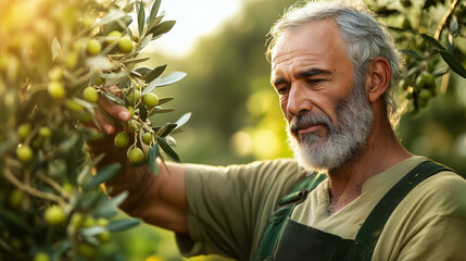 Middle-Aged Man Picking Olives in Italy
