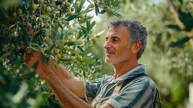 Middle-Aged Man Picking Olives in Italy