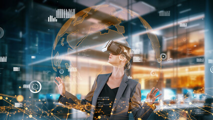 Woman looking around analyzed world circle finance data graph by VR global market interface digital infographic network technology virtual 3d animation cyberspace meta innovation server. Contraption.