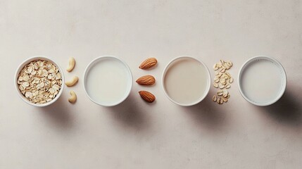   Almonds, milk, and almonds are arranged in white bowls on a light gray surface