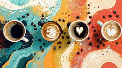   Four coffee cups sit together on a colorful table surface