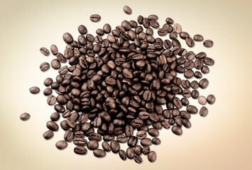 Roasted aroma coffee beans flying on background