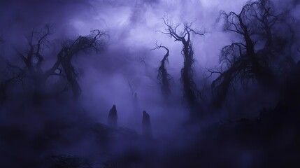 A spooky fog blankets a gothic landscape, with ghostly figures enhancing the eerie, mysterious vibe.