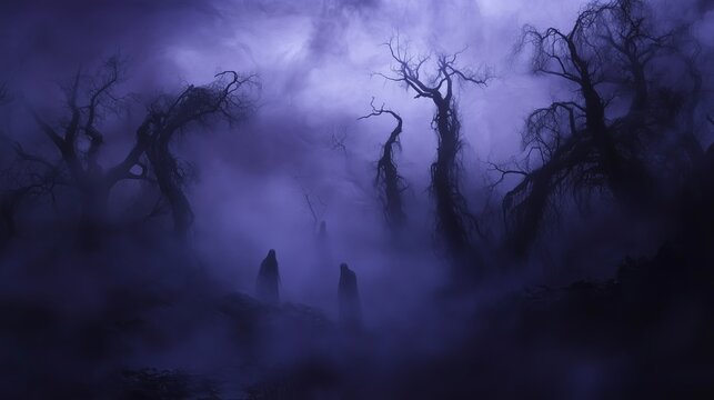 A spooky fog blankets a gothic landscape, with ghostly figures enhancing the eerie, mysterious vibe.