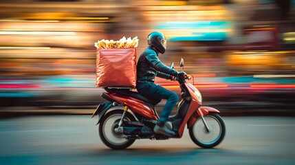 Fototapeta premium Speedy Food Delivery: Motorcycle Racing Through City with Flying Takeout Bag