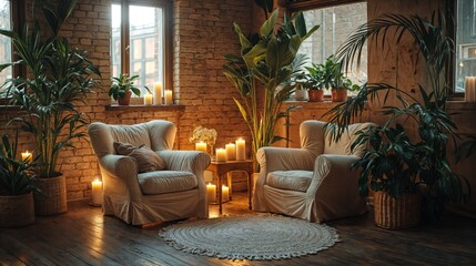 Cozy Living Room with Candlelight and Indoor Plants