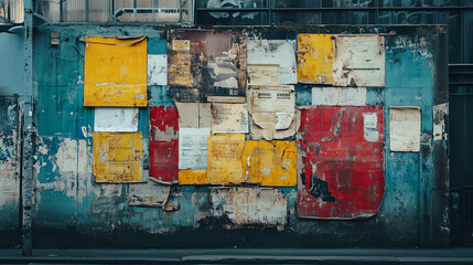 urban wall with torn posters texture, grunge paper background, street art city wall