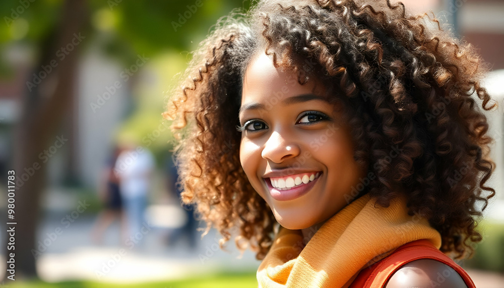 Wall mural On a sunny day, a young African-American woman with curly brown hair smiles while enjoying being out.