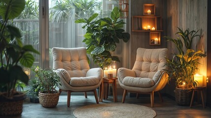 Cozy Living Room with Plants and Warm Lighting