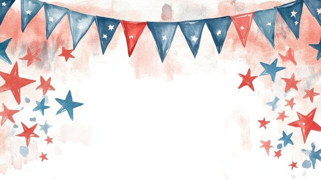 Colorful red, white, and blue bunting with stars for a festive celebration backdrop in a cheerful summer setting