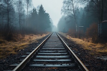 Fototapeta premium Straight Railroad Tracks Disappear into Foggy Forest. Mystical and Eerie Atmosphere