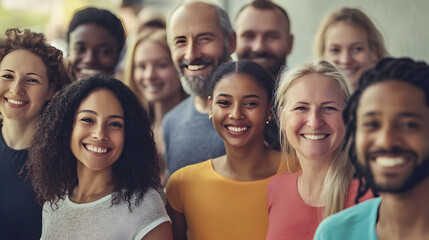 Diverse group of people smiling and standing in a line.
