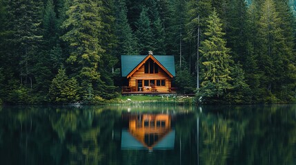 Obraz premium A serene image of a tranquil lakeside cabin surrounded by dense forest and reflected in the calm waters, ideal for nature and relaxation themes
