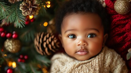 A beautiful little baby with black skin sits against a festive Christmas backdrop, surrounded by twinkling lights, decorated trees, and holiday ornaments, capturing the warmth and joy of the season.