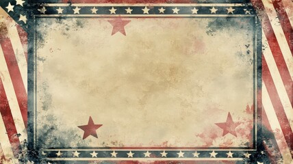Vintage American flag background with a faded texture and decorative borders highlighting red and blue stars