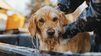 volunteer  with gloves washing a dog  ,Woman shampooing a dog 