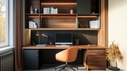A sleek and functional home office with a wall-mounted desk, ample storage, and contemporary decor