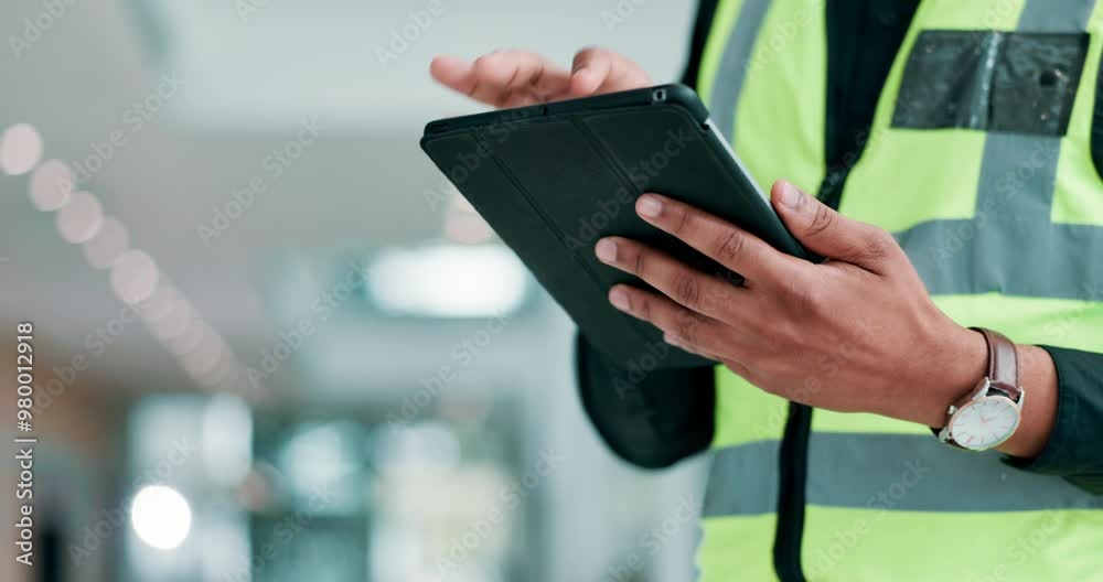 Poster hands, tablet and person typing for logistics, schedule and coordination with communication with cli