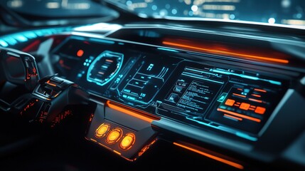 A sleek car dashboard with integrated technology and a futuristic aesthetic