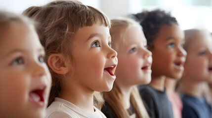 Obraz premium A class of young children singing together during a music rehearsal for a school event.