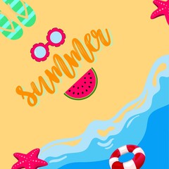 Set of summer beach items arranged in circle with quote Hello Summer inside. Collection of accesories for summer vacations. Vector illustration