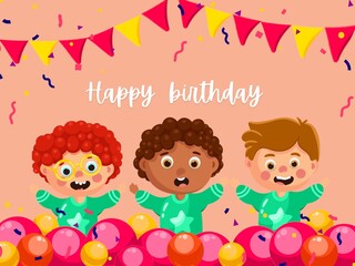 Happy birthday greeting card with garland  , balloons,gift and lettering design.