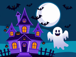 Spooky Haunted House with Ghosts and Pumpkins – Halloween Night Illustration