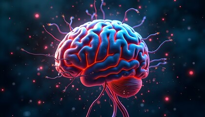 Fototapeta premium ADHD and Autism represented by a brain with wires and circuits protruding from it, surrounded by a storm of pixelated glitches and static effects, creating a sense of digital chaos