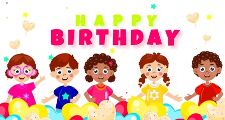 Happy birthday greeting card with garland  , balloons,gift and lettering design.