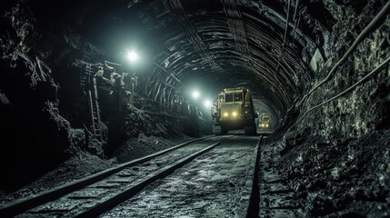 Naklejka premium Miners operate heavy machinery inside a deep underground mine, with strong lights illuminating the dark tunnel. Dust and rock surround them as they extract minerals