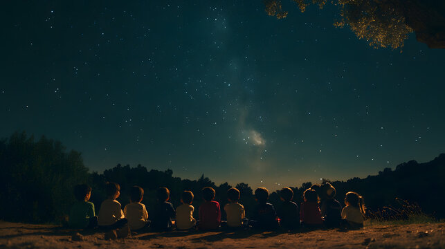 A group of children attending an outdoor astronomy lesson sitting in a circle while looking up at the stars.