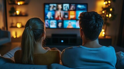 Fototapeta premium Friends deciding on a movie to watch together at home, representing the video on demand concept