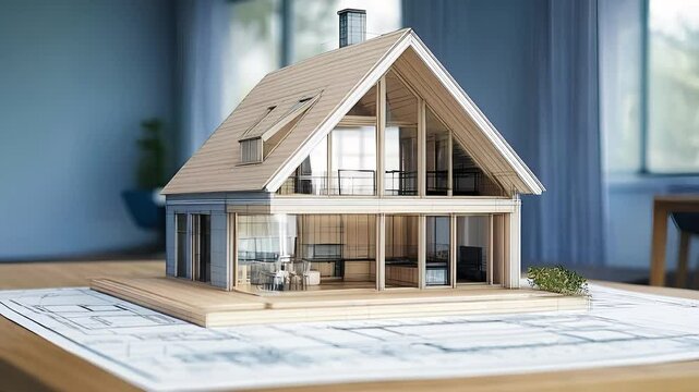 Architectural house model on blueprint detailed construction plan modern home design residential architecture project