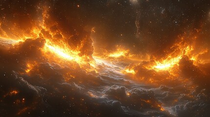 Obraz premium A Space Station in the Sky - An Image Optimized by AI.. Yellow and orange clouds contrast beautifully with blue-gray space station. Stars twinkle in the background,