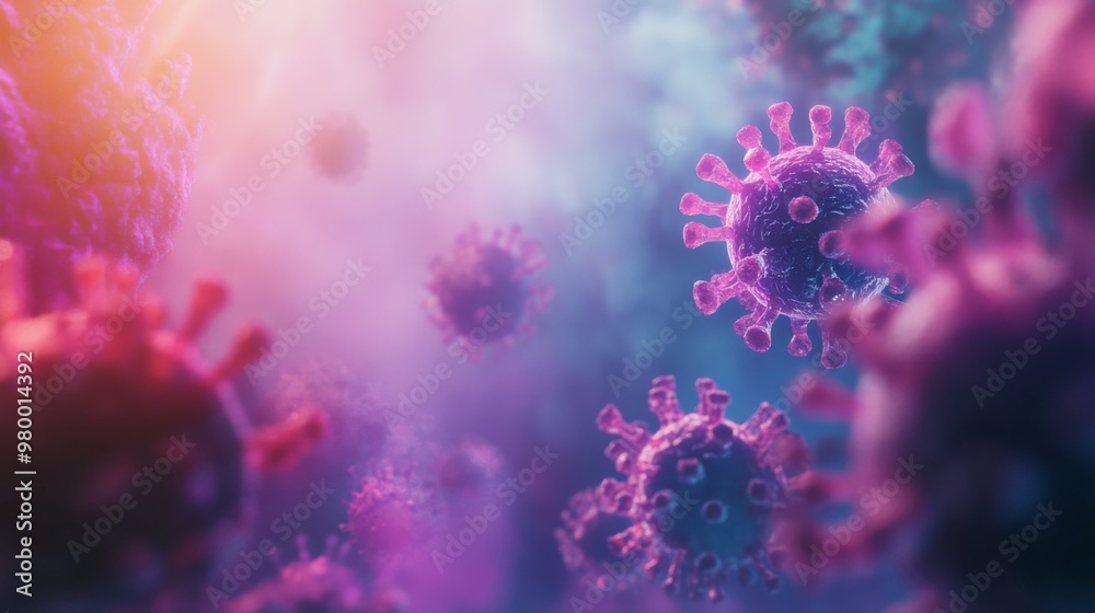 Leinwandbilder Close-up view of vibrant coronavirus cells depicted against a softly illuminated background, showcasing the intricate structure and details of the viral particles in a laboratory setting.