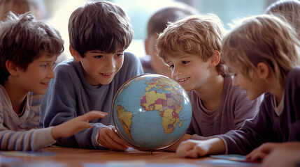 Fototapeta premium A group of children gathered around a globe discussing geography in the classroom.