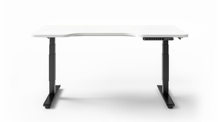 adjustable height standing desk with a sleek white laminate surface and black metal legs