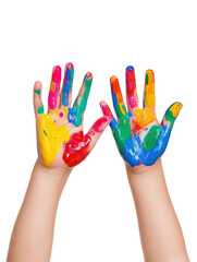 Hands painted with different colors, isolated on a white background. PNG transparent.
