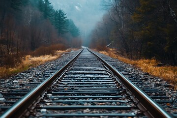 Fototapeta premium Straight Railroad Tracks Vanishing Into Misty Forest