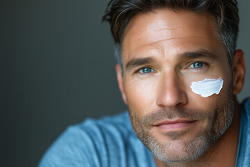 Fototapeta premium Handsome middle-aged man with skincare cream on face