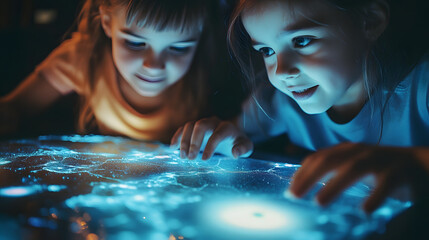 A group of children playing with an advanced holographic map of the galaxy plotting their next space adventure.