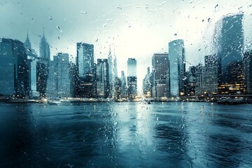 Fototapeta premium Rainy Cityscape, View of the NYC skyline through a rainy window